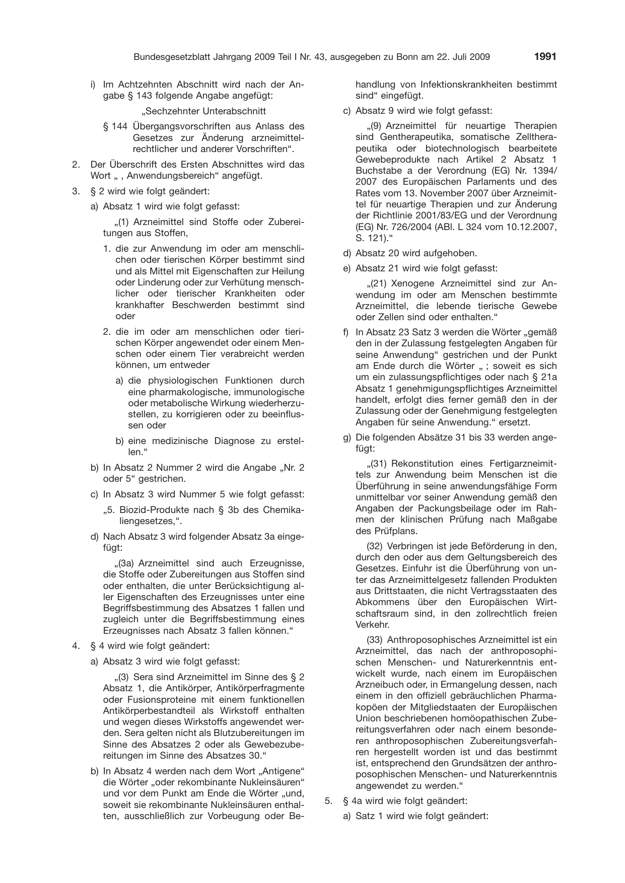 BGBl. 2009, Seite 1991 — Originalseite als Abbildung