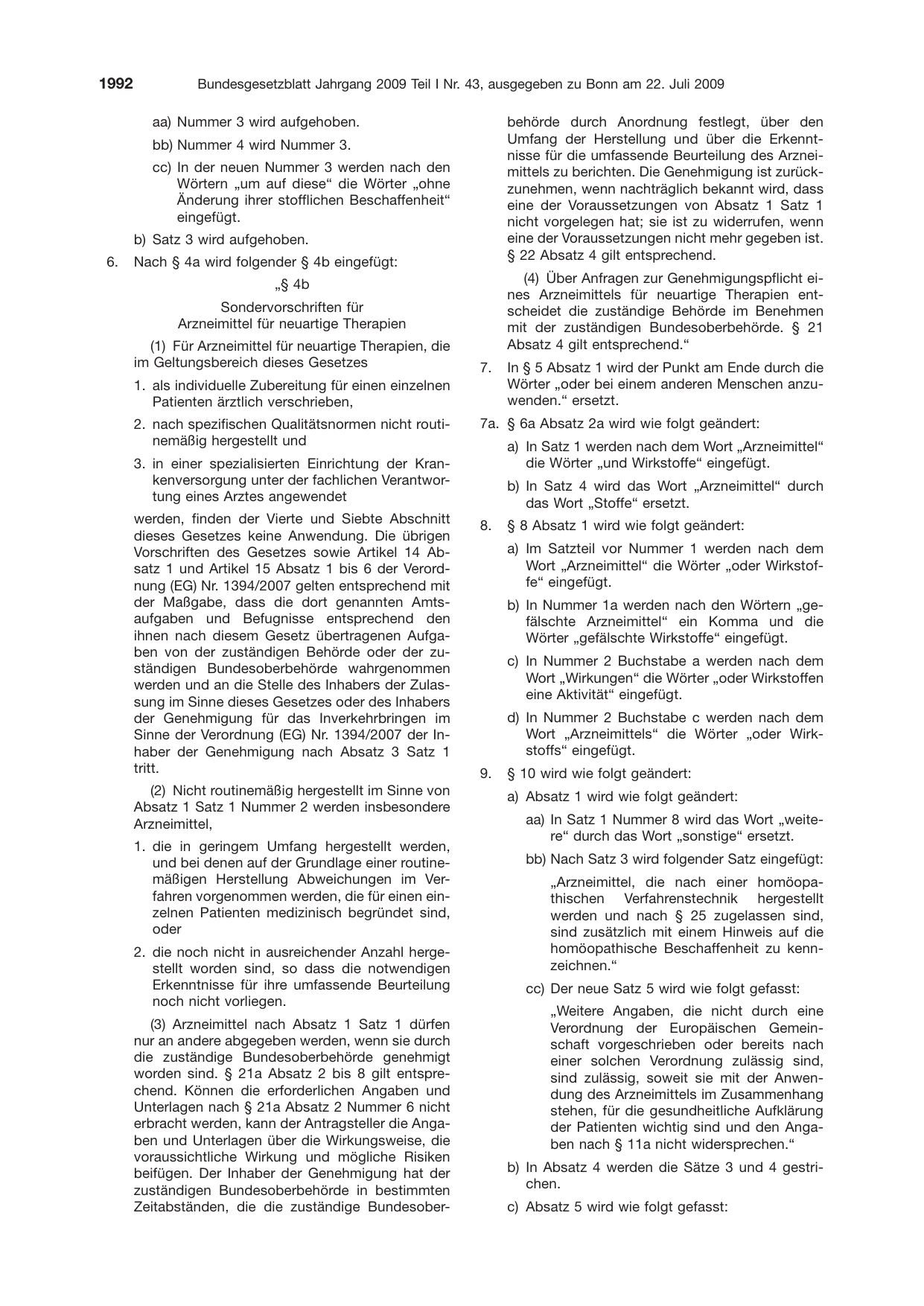 BGBl. 2009, Seite 1992 — Originalseite als Abbildung