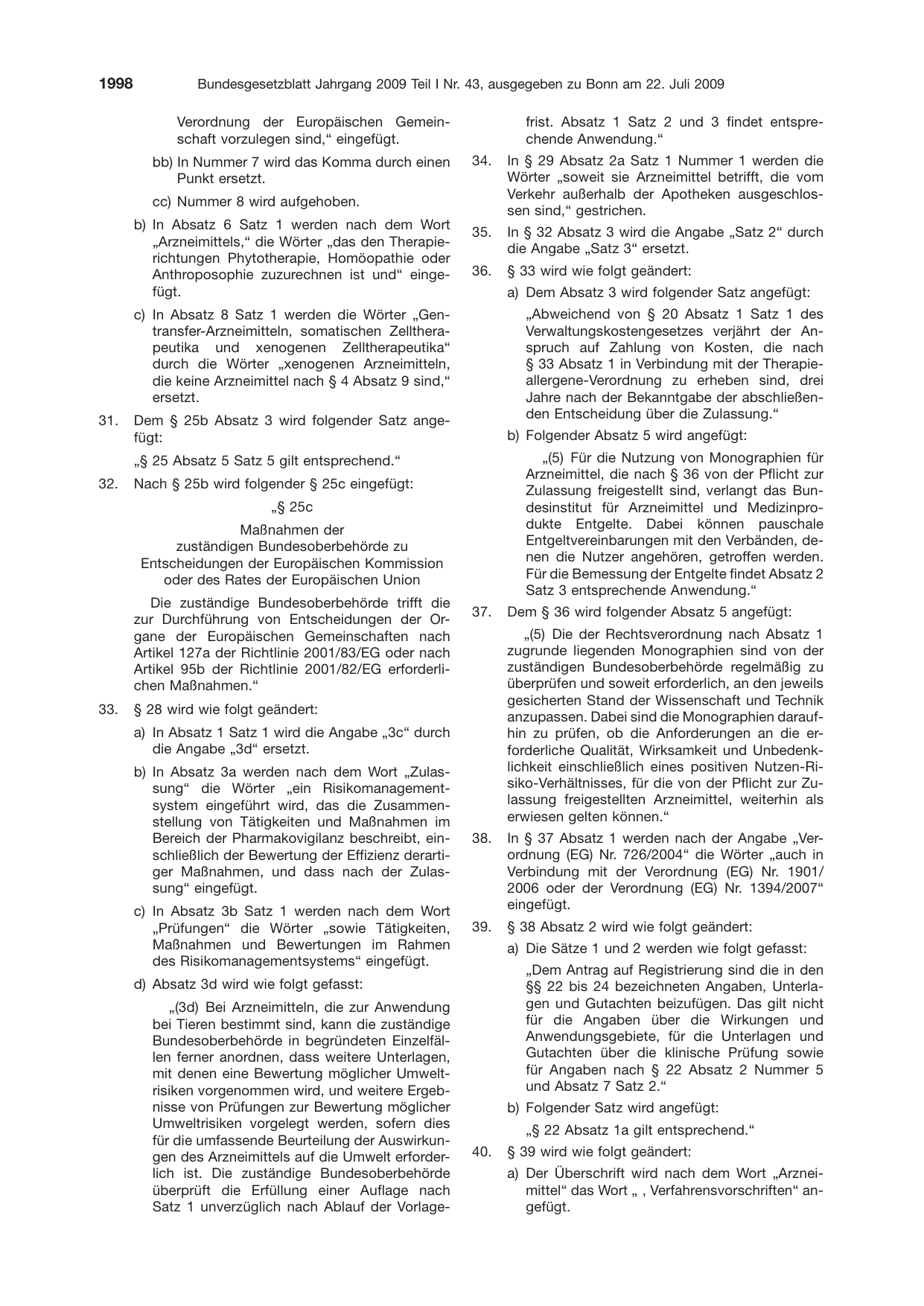 BGBl. 2009, Seite 1998 — Originalseite als Abbildung