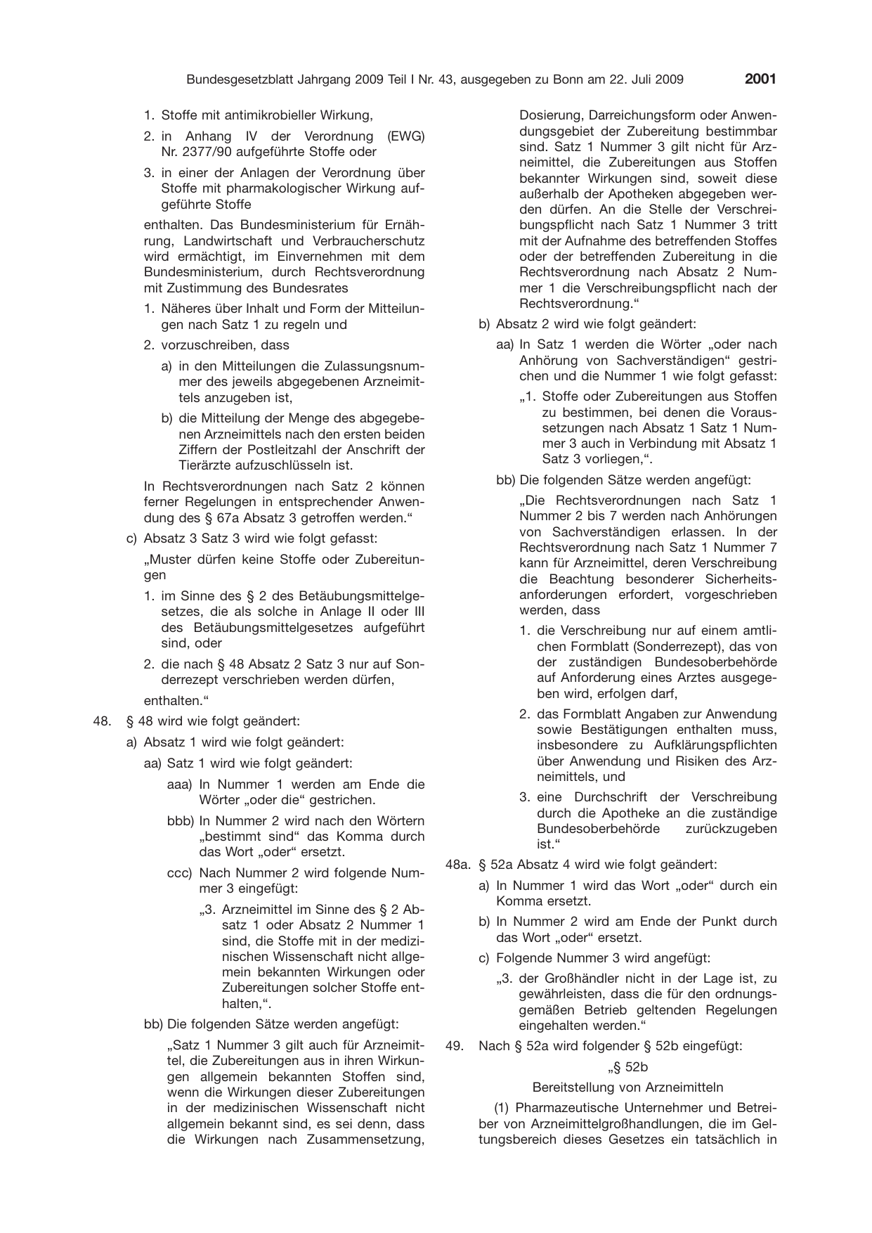 BGBl. 2009, Seite 2001 — Originalseite als Abbildung