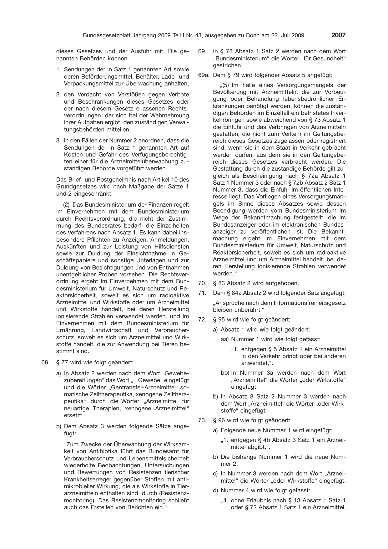 BGBl. 2009, Seite 2007 — Originalseite als Abbildung