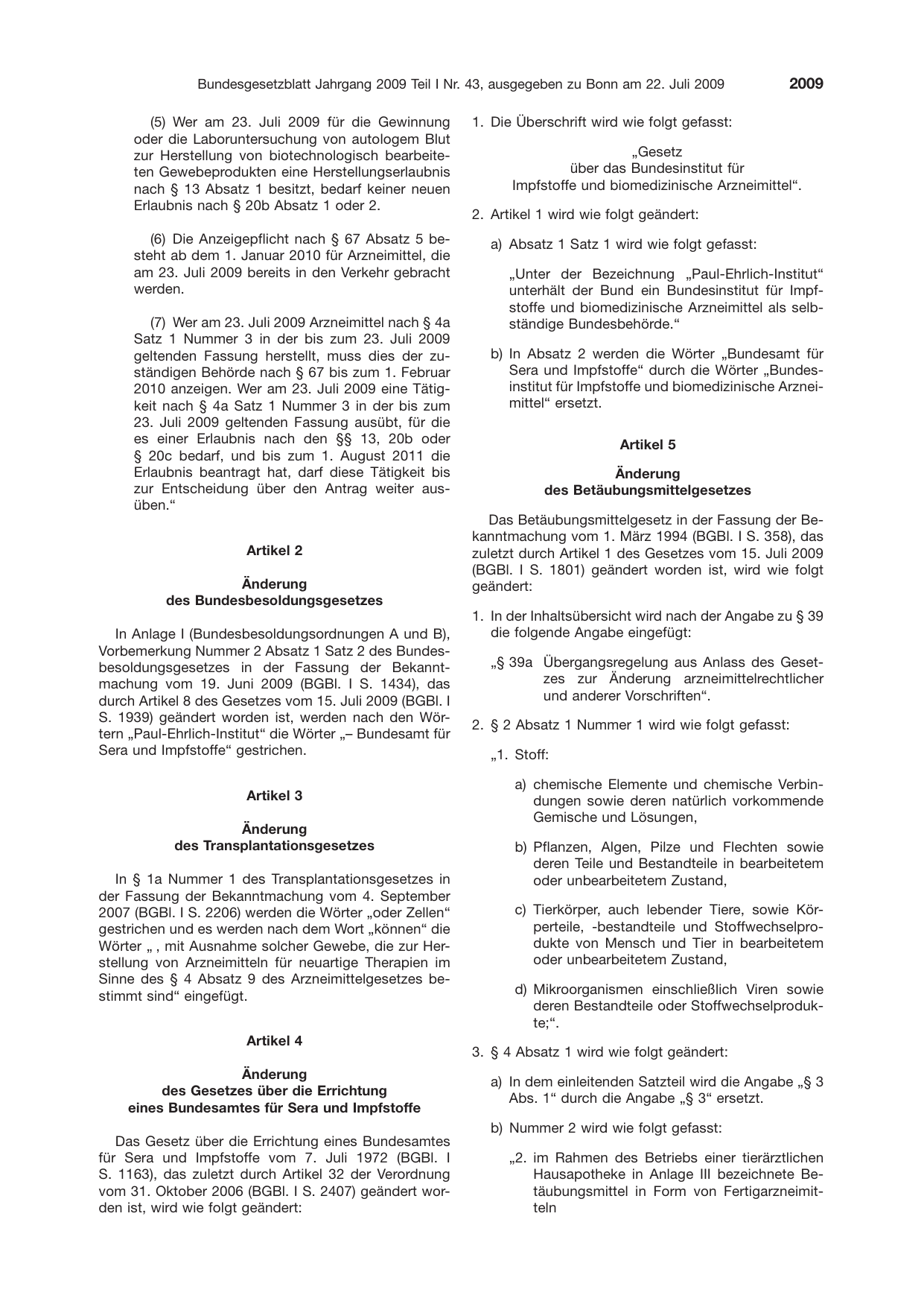 BGBl. 2009, Seite 2009 — Originalseite als Abbildung