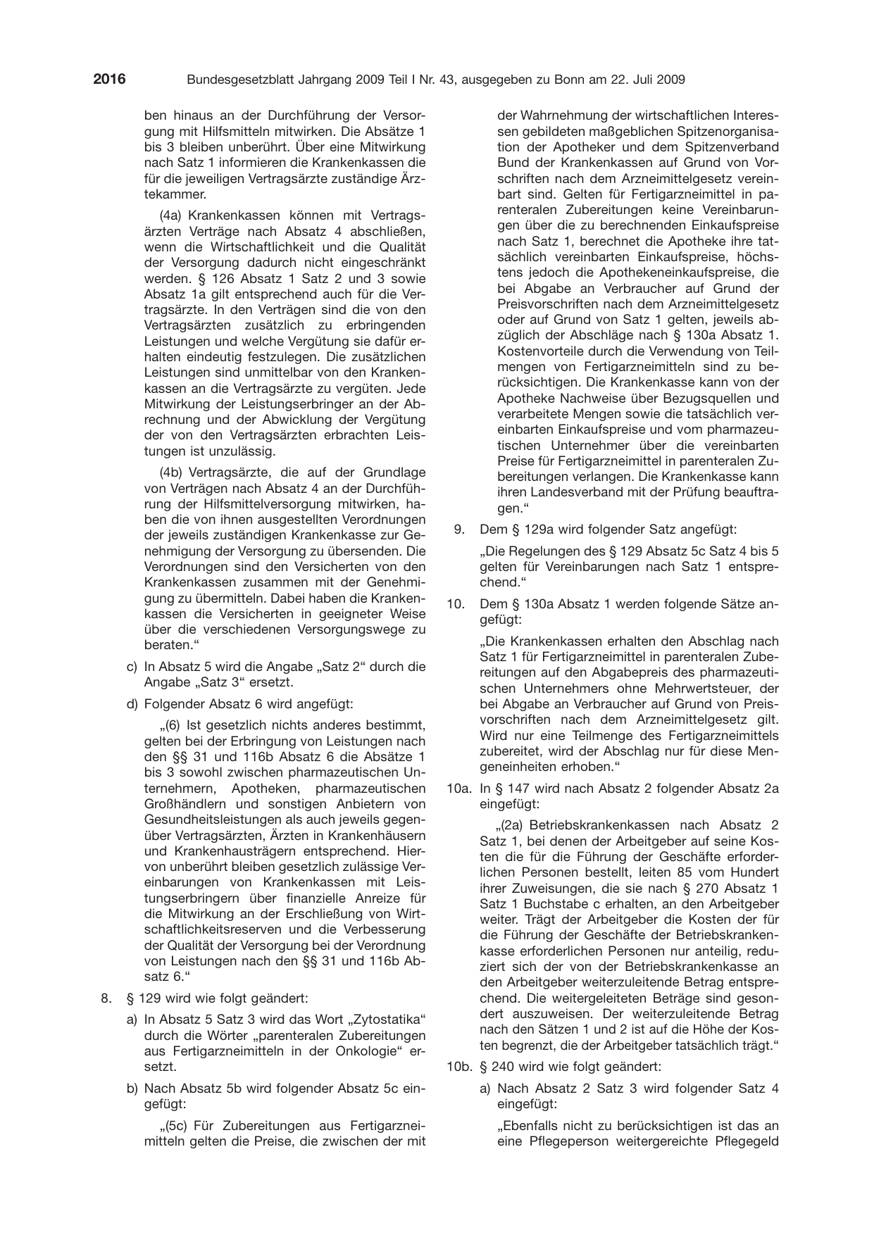 BGBl. 2009, Seite 2016 — Originalseite als Abbildung