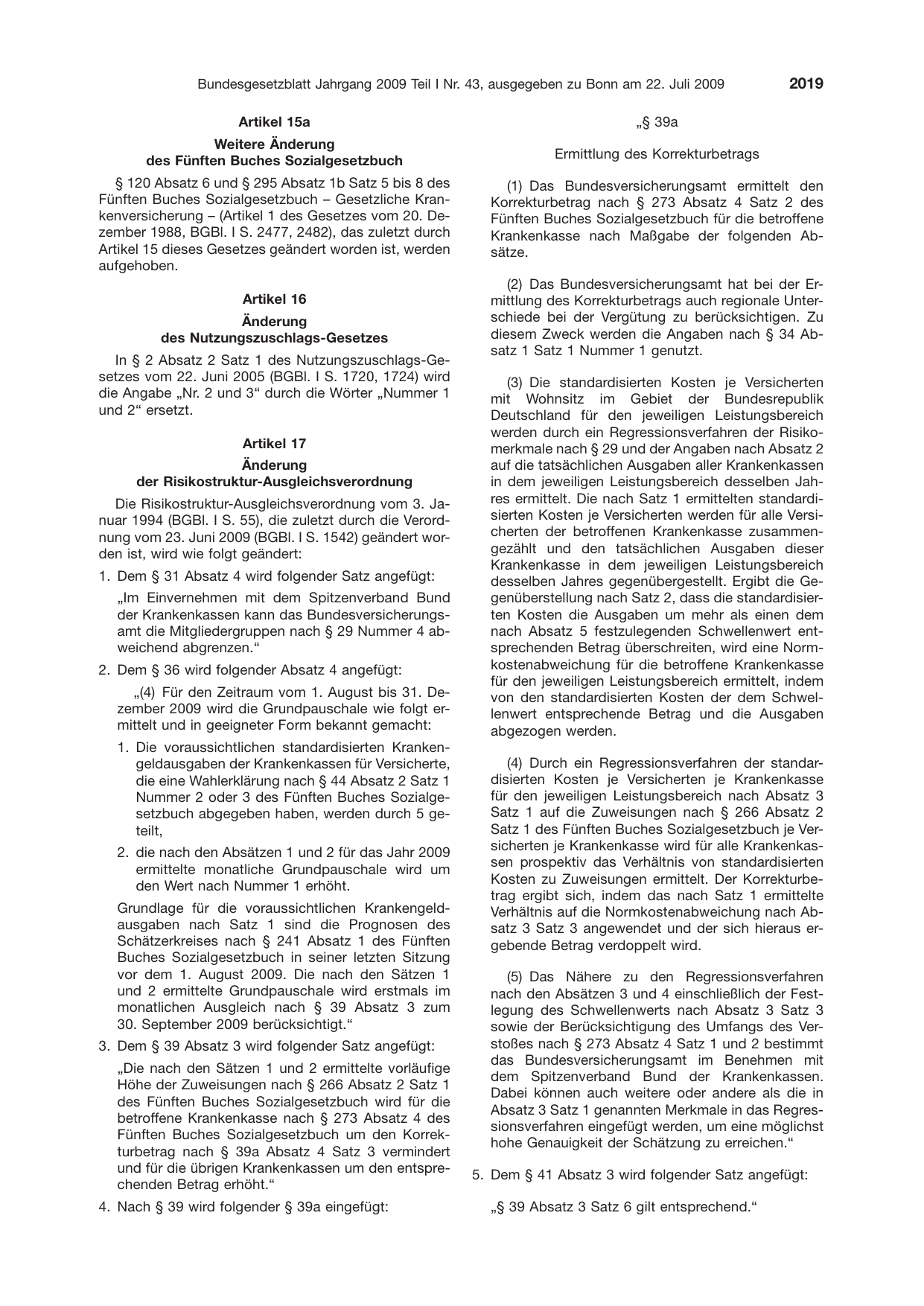 BGBl. 2009, Seite 2019 — Originalseite als Abbildung
