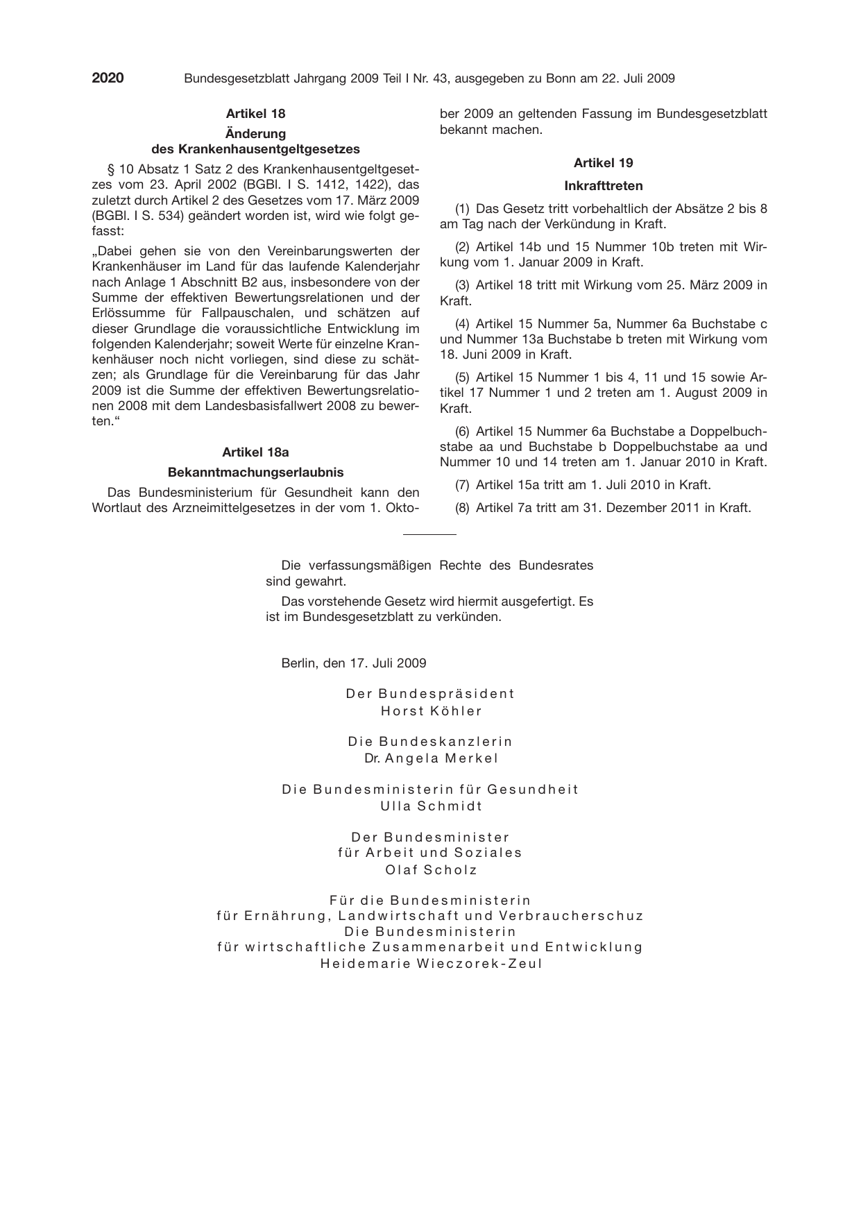 BGBl. 2009, Seite 2020 — Originalseite als Abbildung