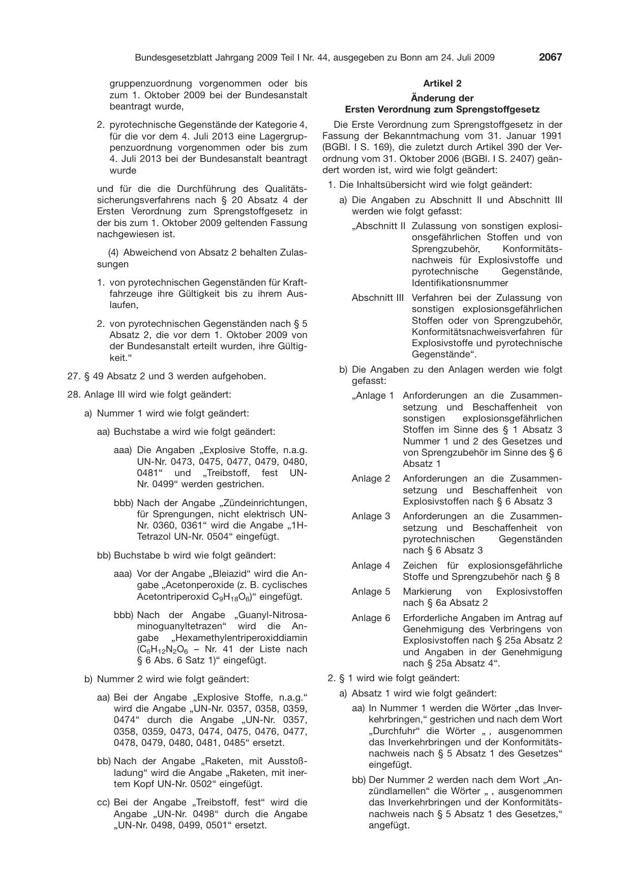 BGBl. 2009, Seite 2067 — Originalseite als Abbildung