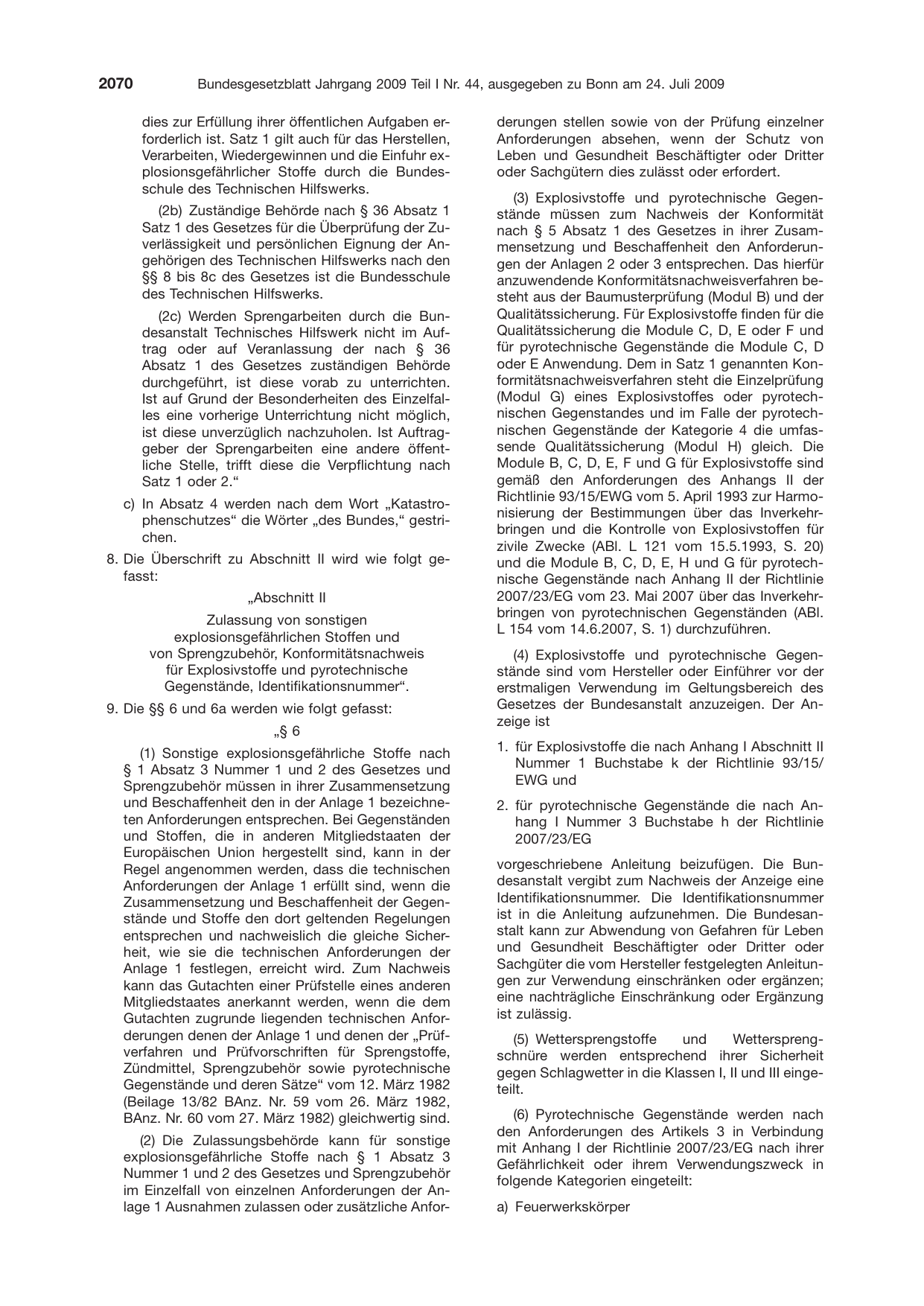 BGBl. 2009, Seite 2070 — Originalseite als Abbildung