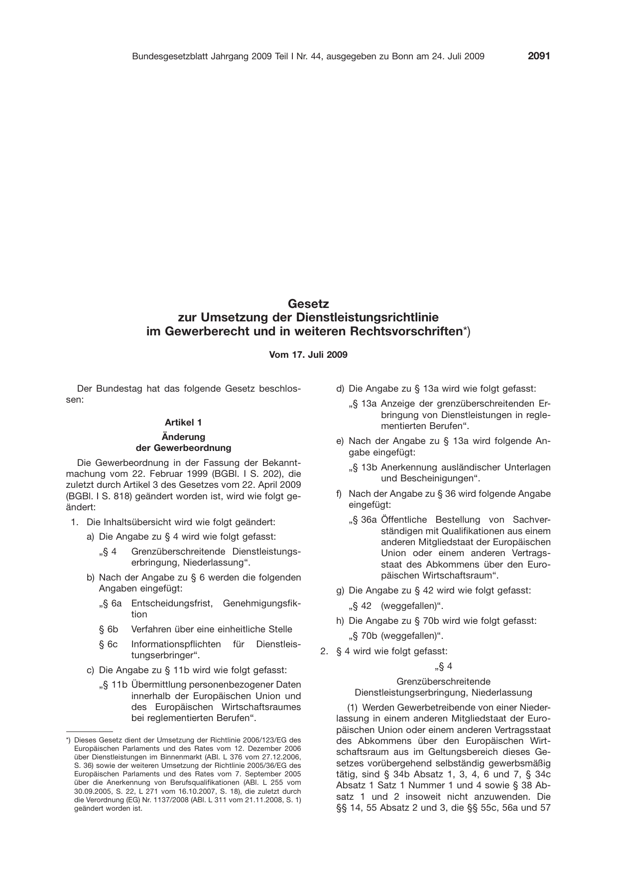 BGBl. 2009, Seite 2091 — Originalseite als Abbildung