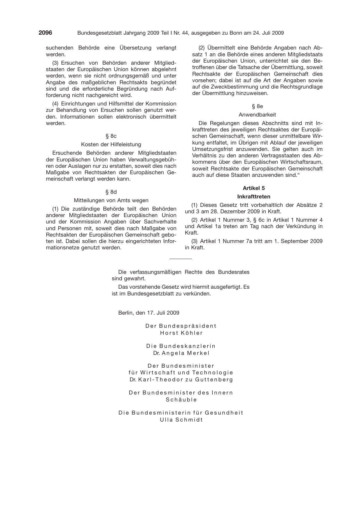 BGBl. 2009, Seite 2096 — Originalseite als Abbildung