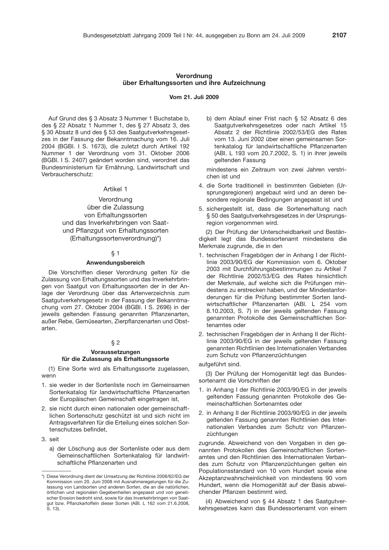 BGBl. 2009, Seite 2107 — Originalseite als Abbildung