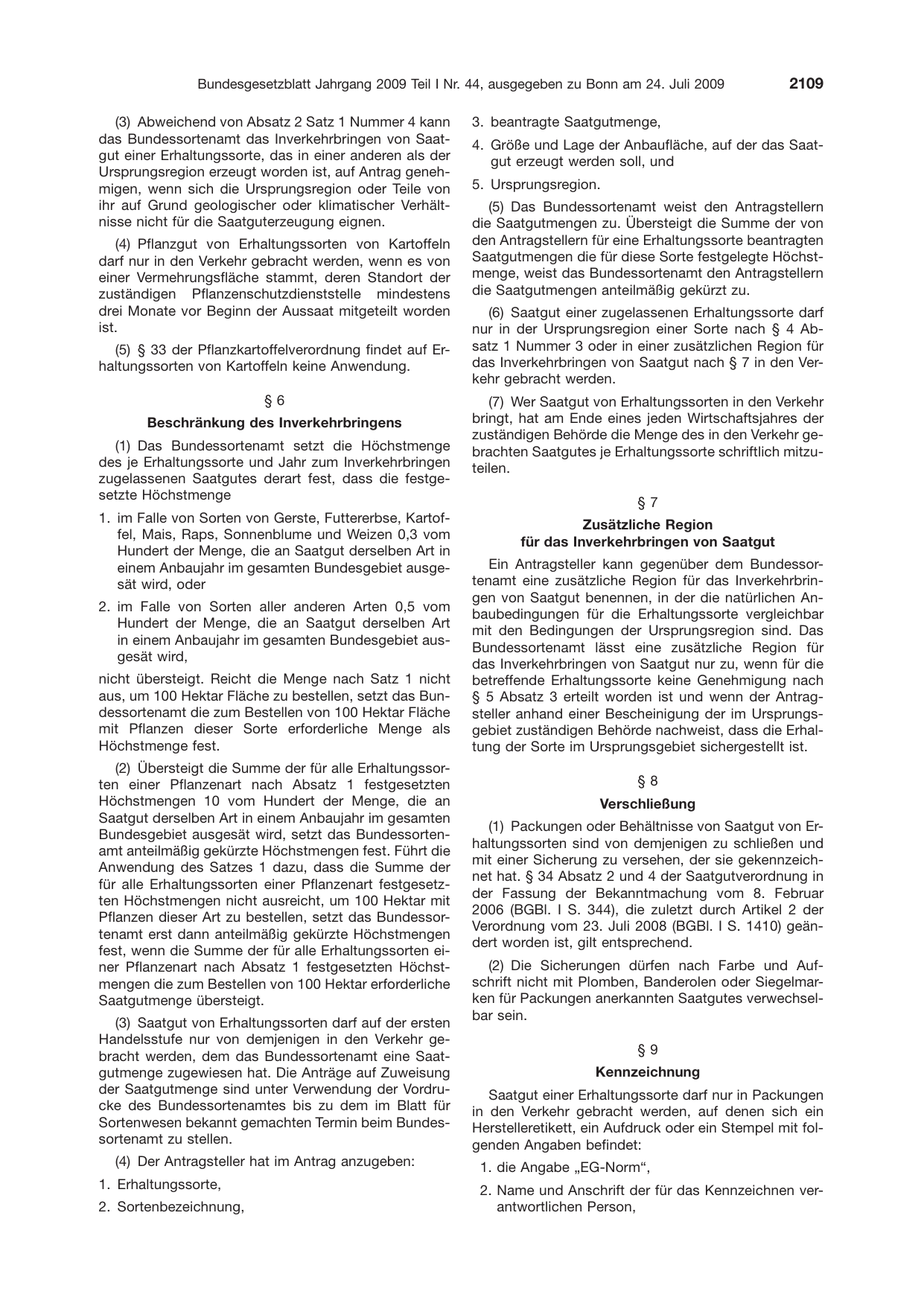 BGBl. 2009, Seite 2109 — Originalseite als Abbildung
