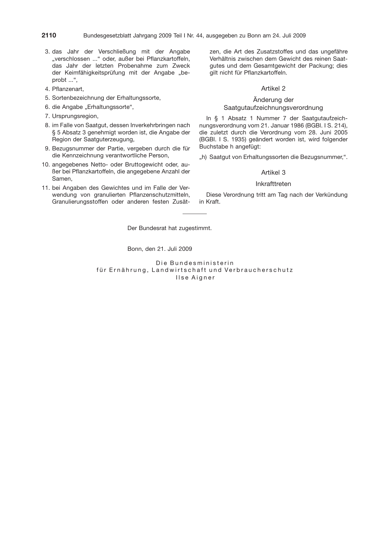 BGBl. 2009, Seite 2110 — Originalseite als Abbildung
