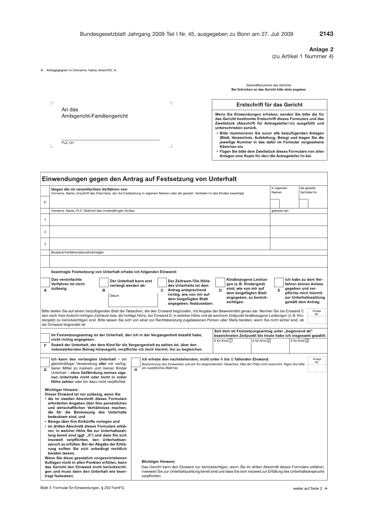 BGBl. 2009, Seite 2143 — Originalseite als Abbildung