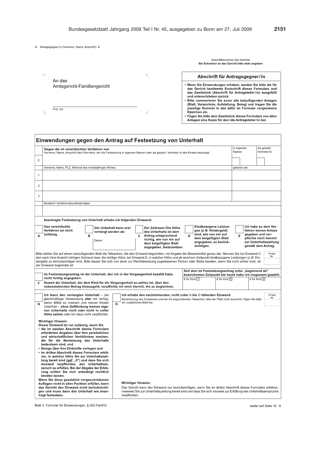 BGBl. 2009, Seite 2151 — Originalseite als Abbildung