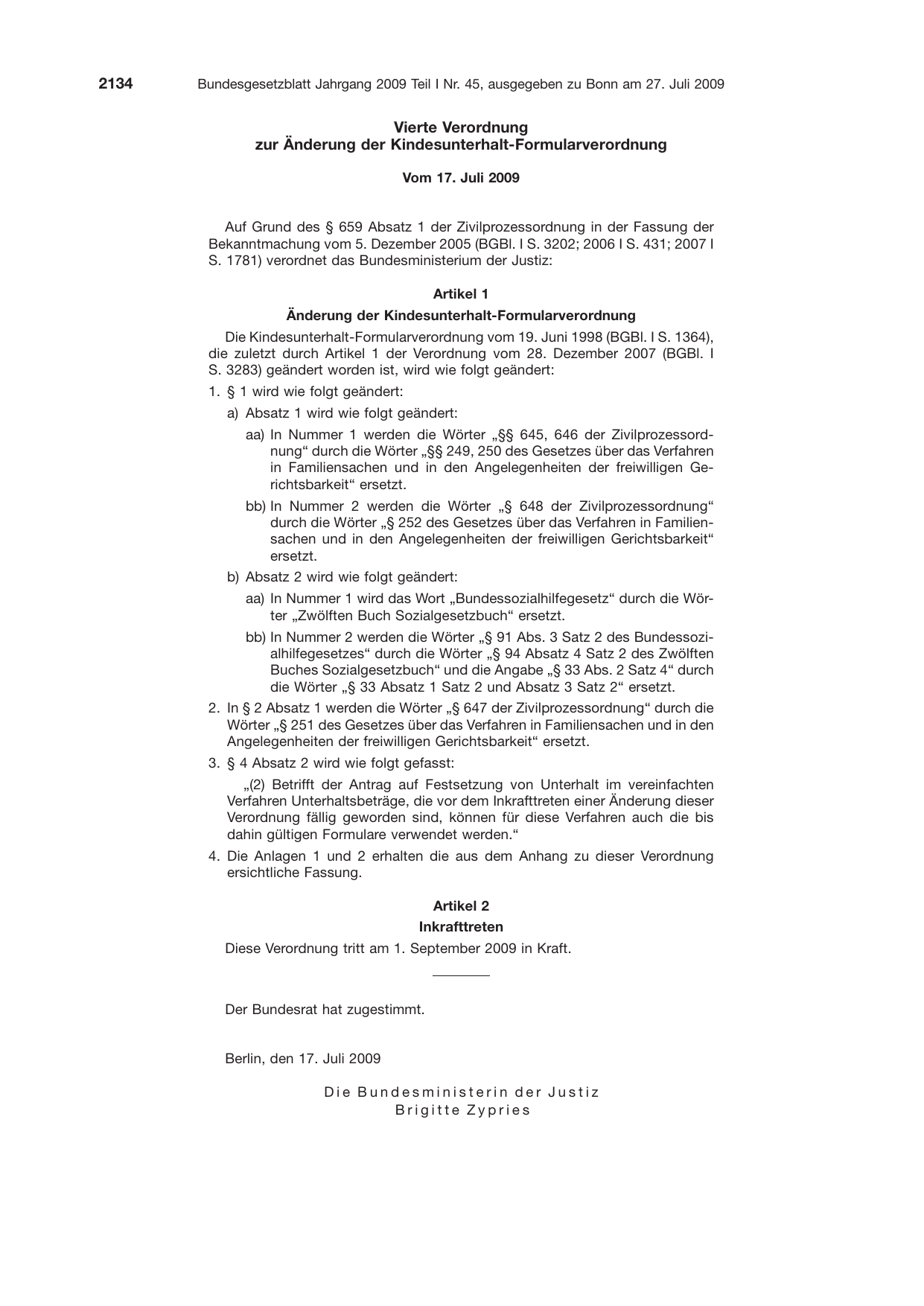 BGBl. 2009, Seite 2134 — Originalseite als Abbildung