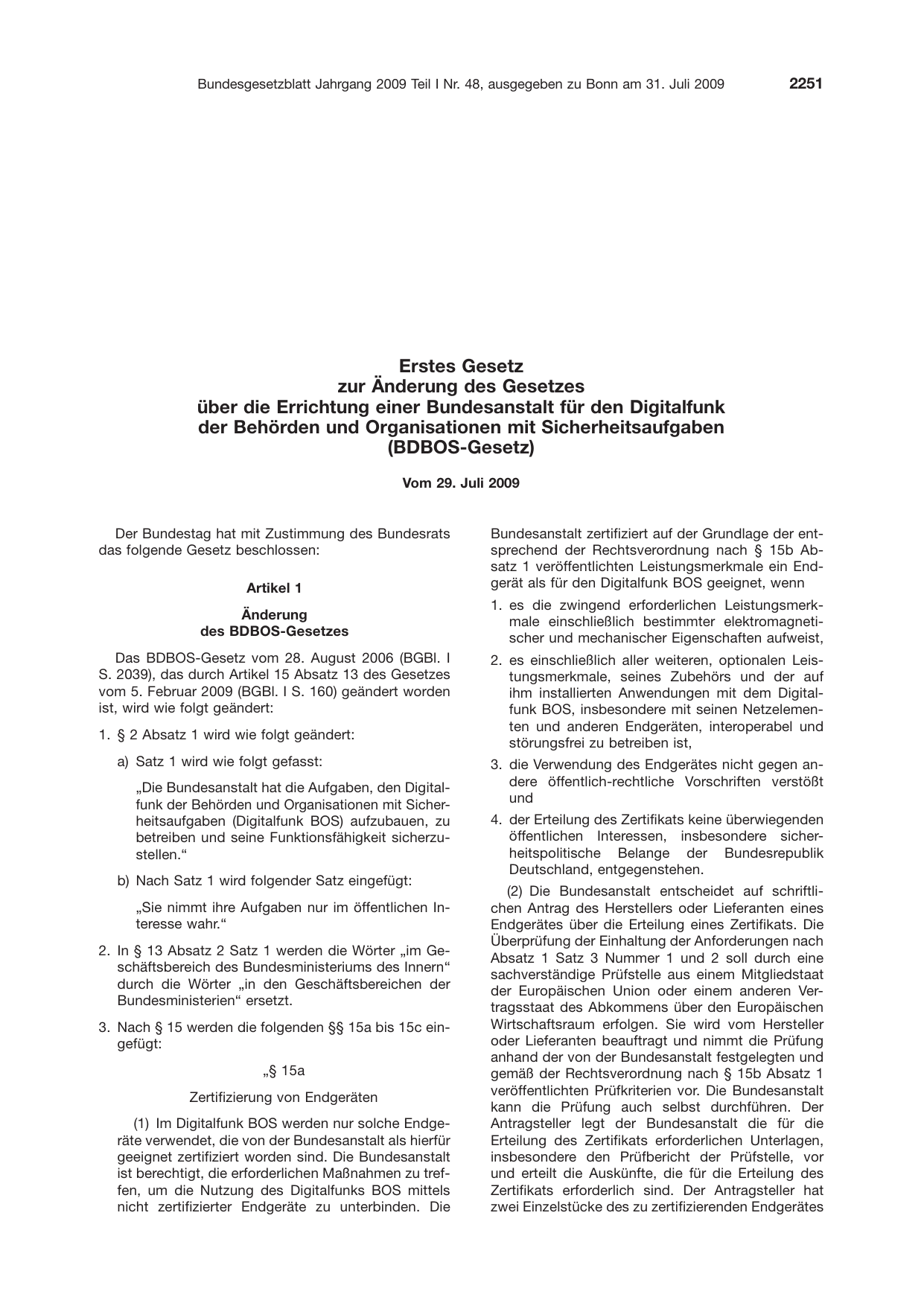 BGBl. 2009, Seite 2251 — Originalseite als Abbildung
