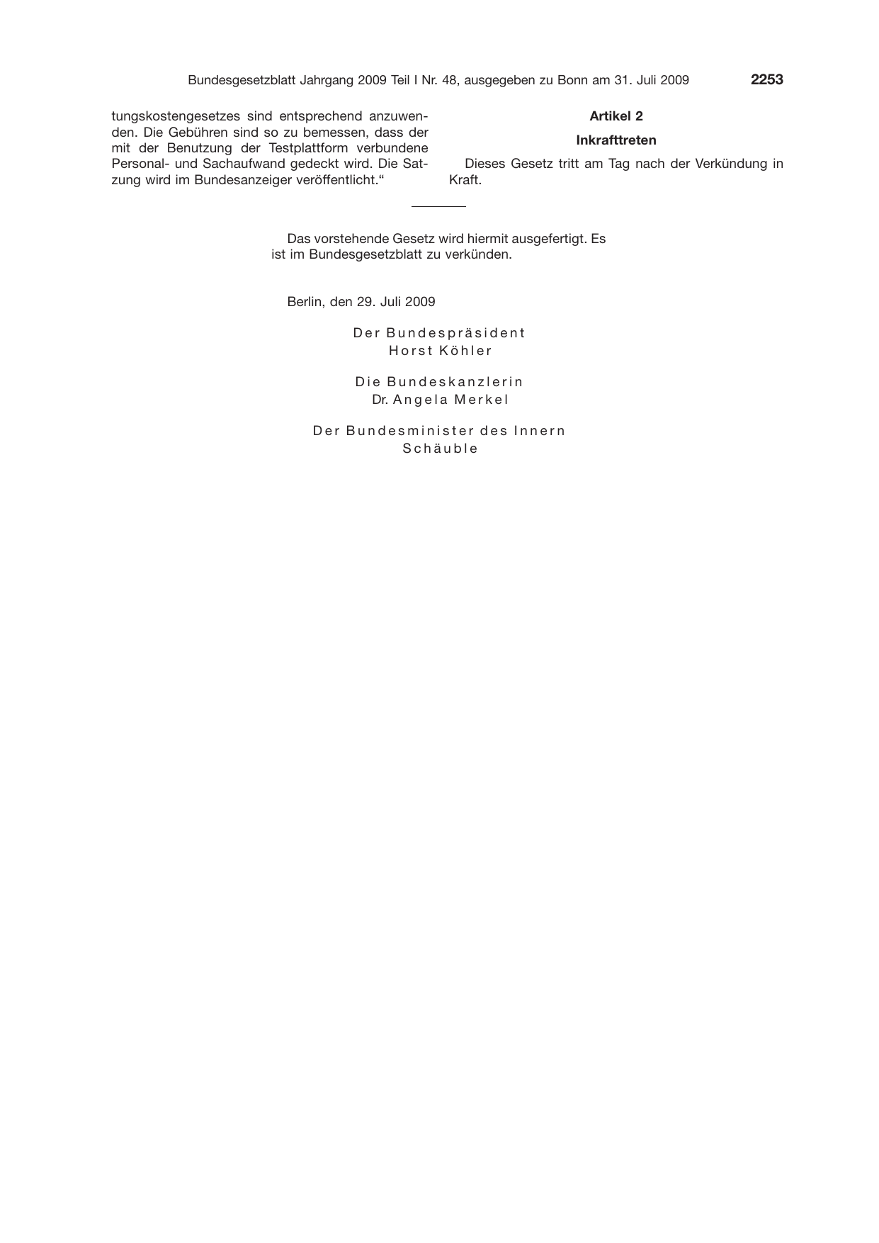 BGBl. 2009, Seite 2253 — Originalseite als Abbildung