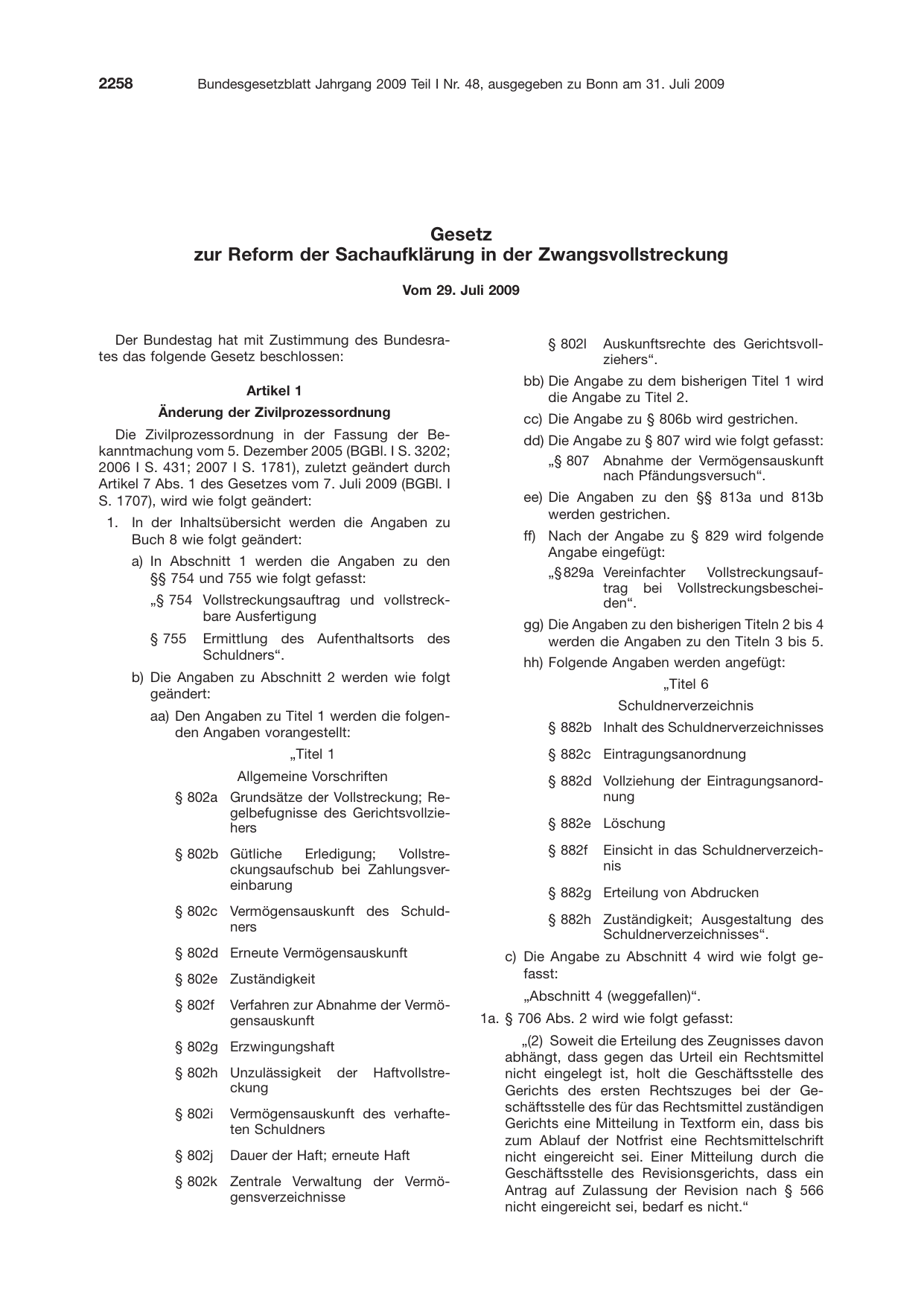 BGBl. 2009, Seite 2258 — Originalseite als Abbildung
