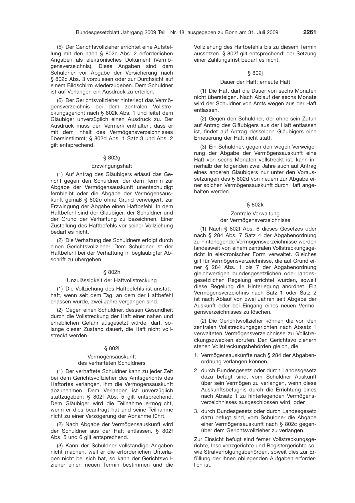BGBl. 2009, Seite 2261 — Originalseite als Abbildung