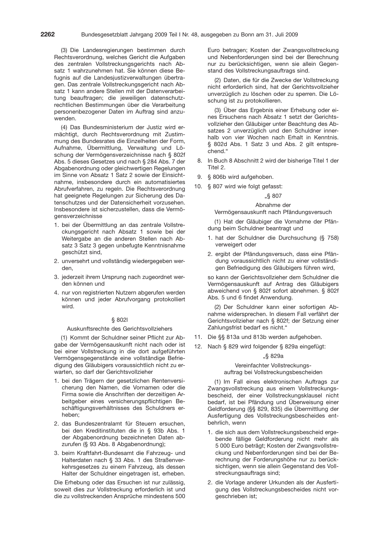 BGBl. 2009, Seite 2262 — Originalseite als Abbildung