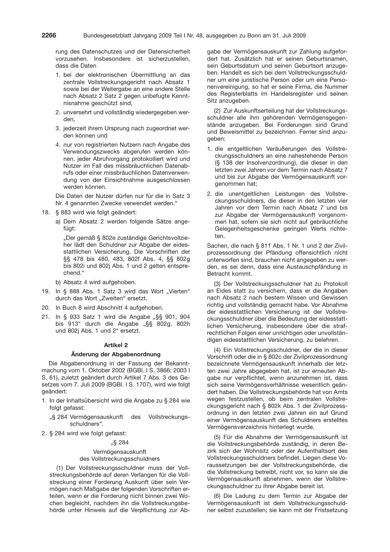 BGBl. 2009, Seite 2266 — Originalseite als Abbildung
