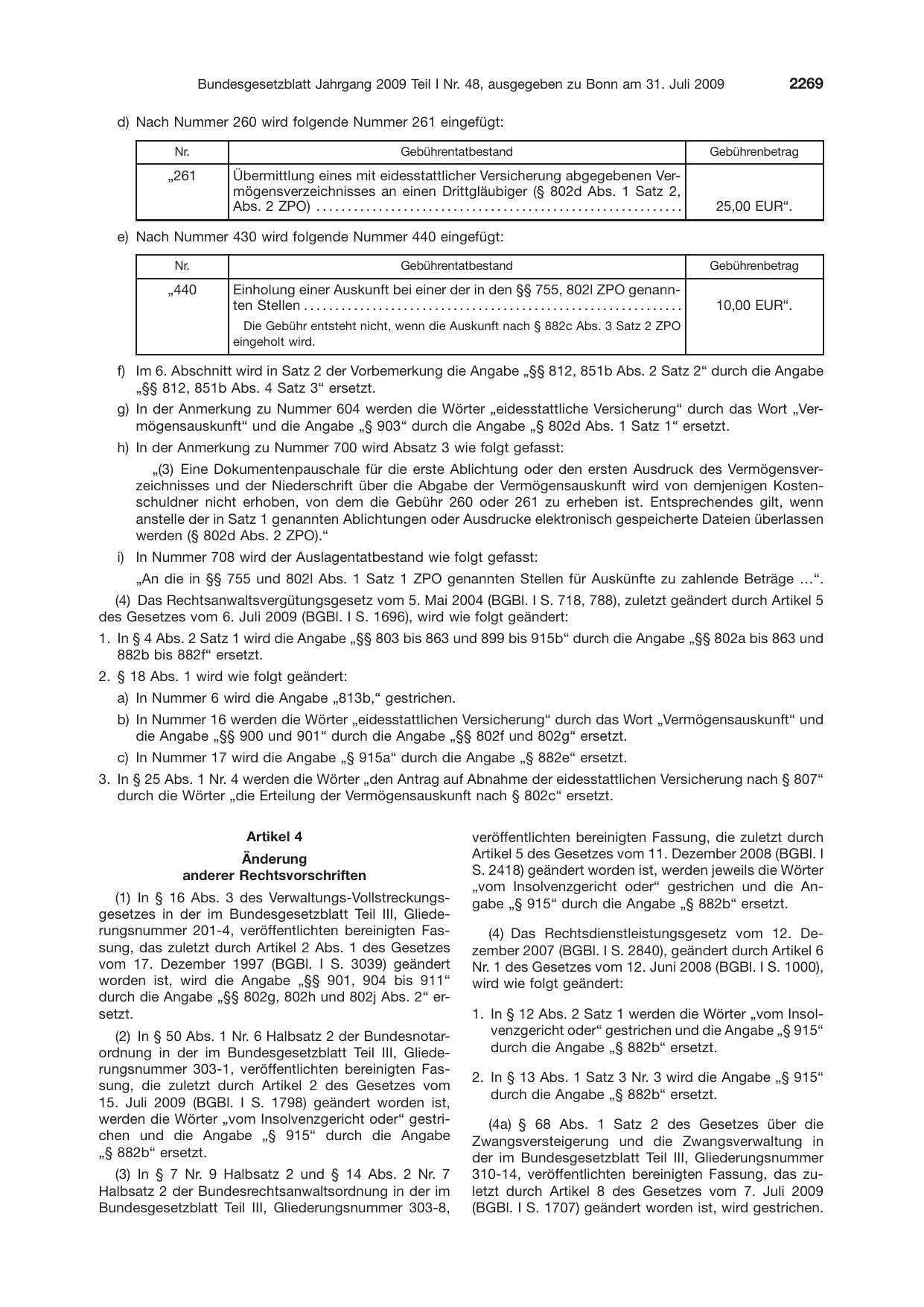 BGBl. 2009, Seite 2269 — Originalseite als Abbildung