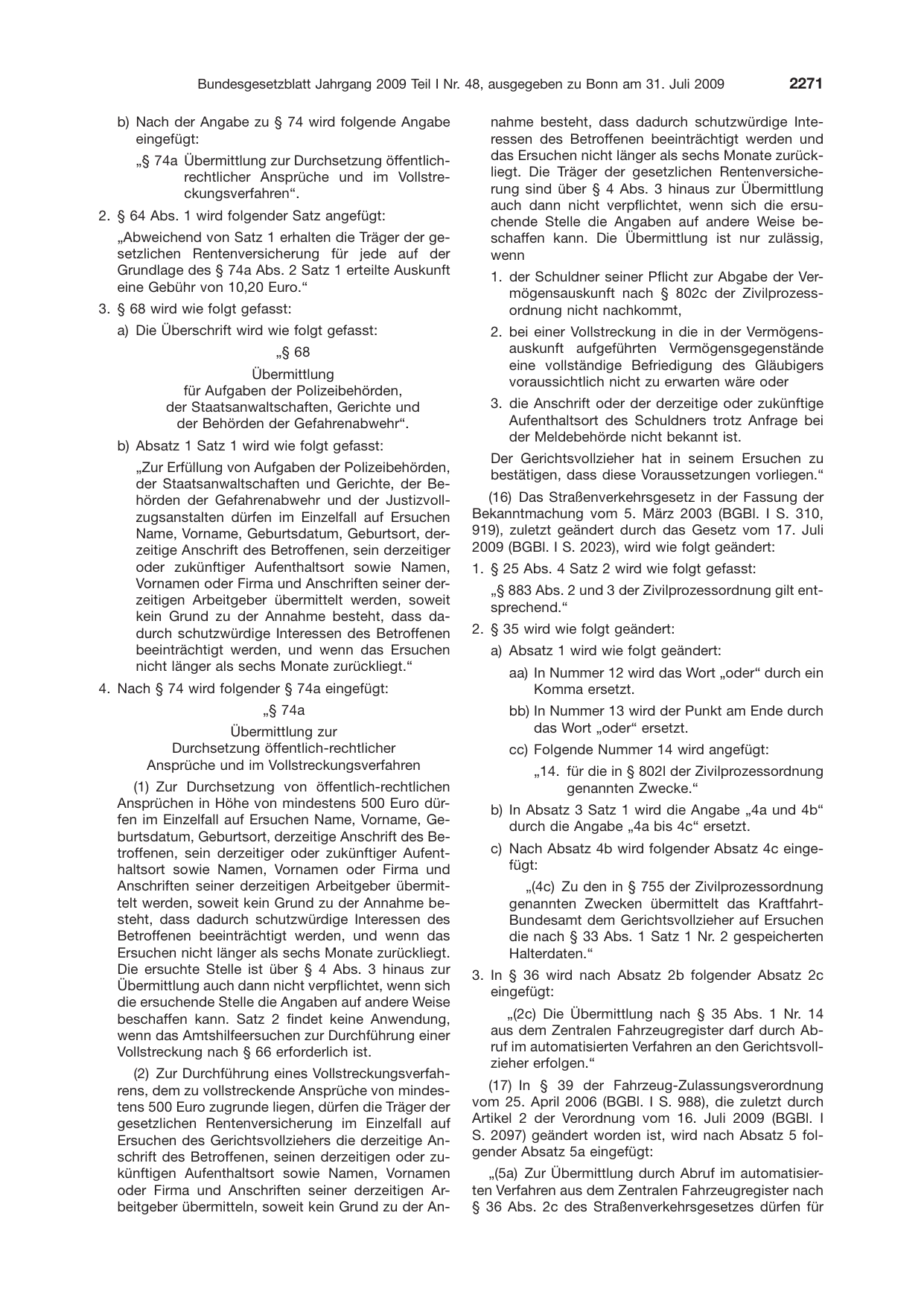 BGBl. 2009, Seite 2271 — Originalseite als Abbildung