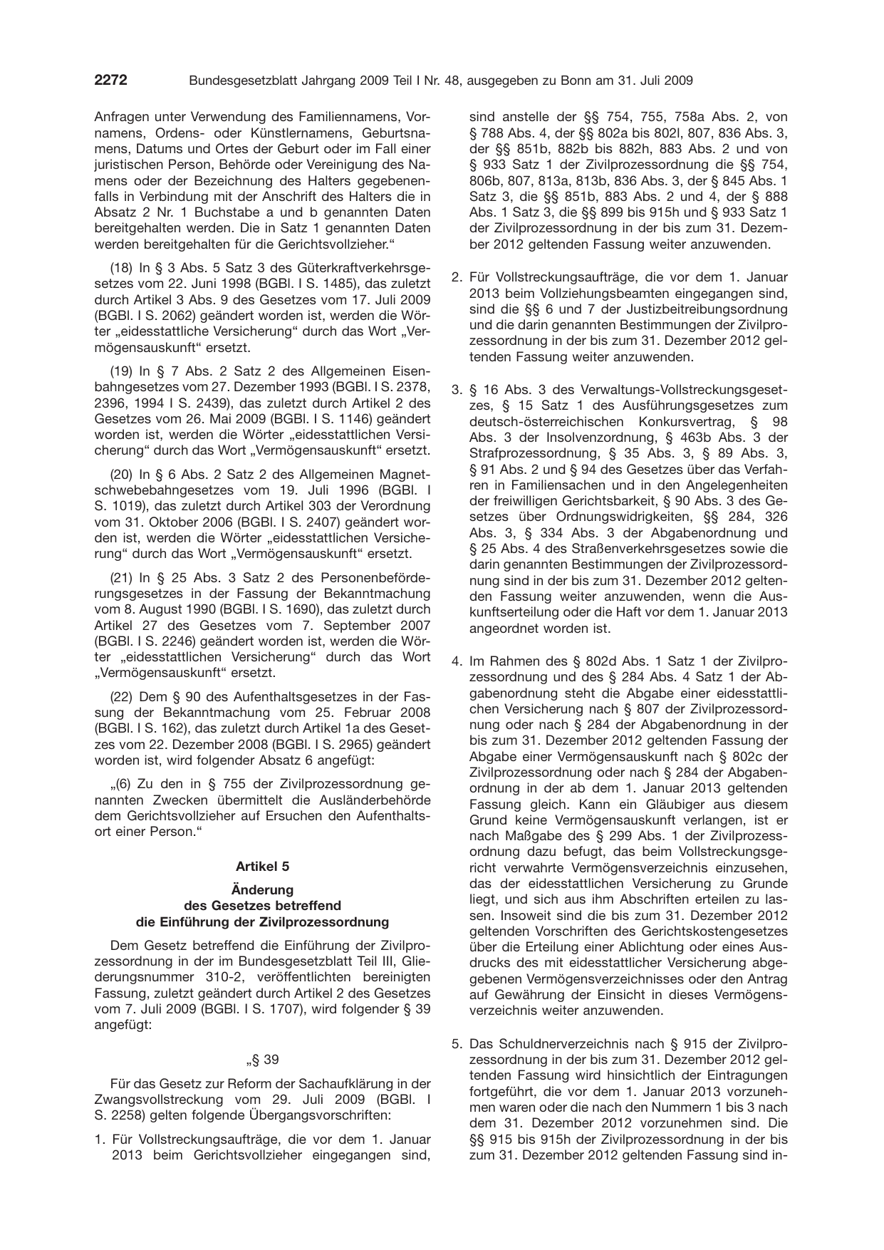 BGBl. 2009, Seite 2272 — Originalseite als Abbildung