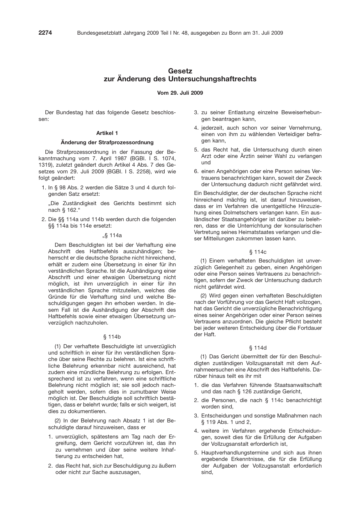 BGBl. 2009, Seite 2274 — Originalseite als Abbildung