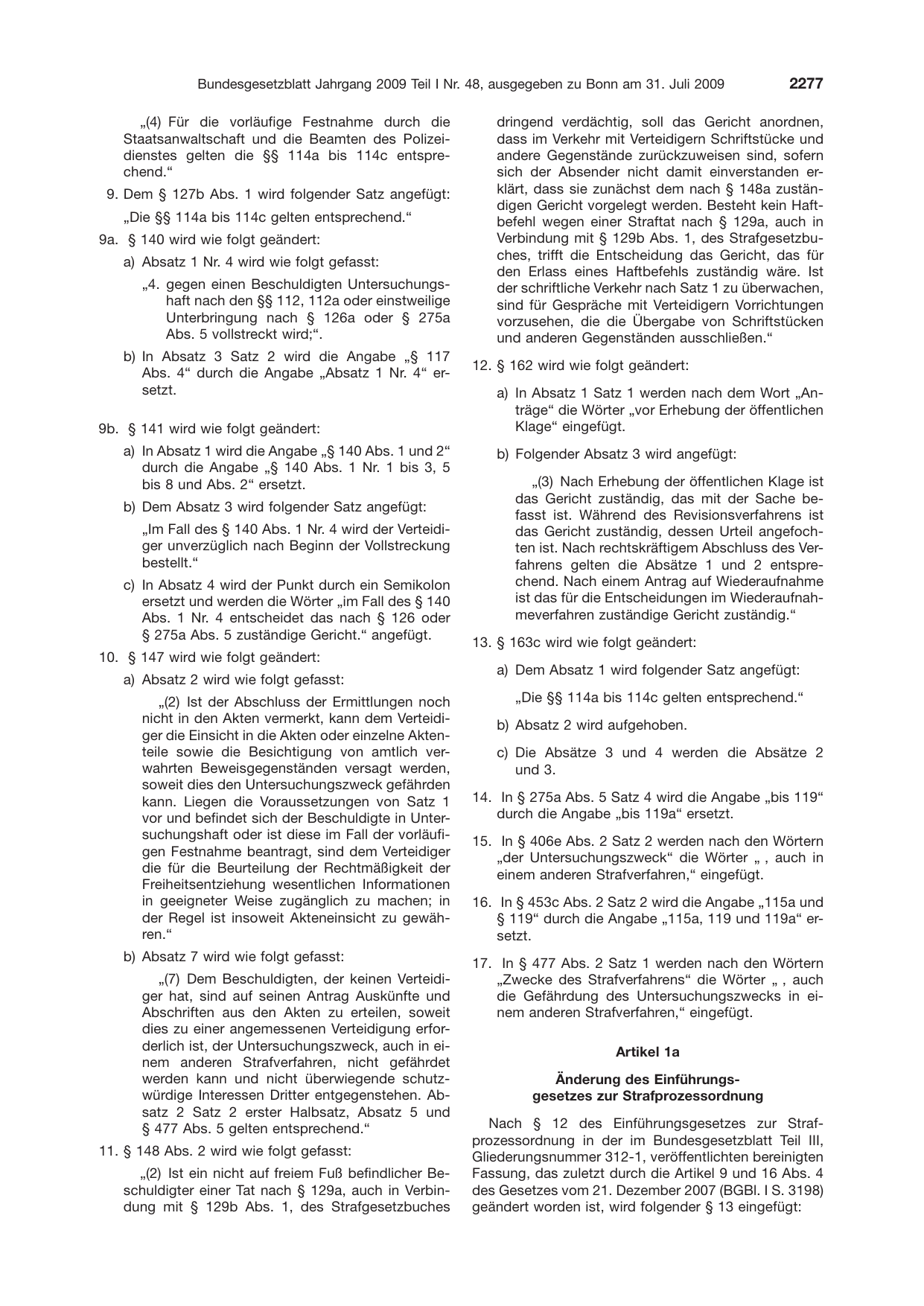 BGBl. 2009, Seite 2277 — Originalseite als Abbildung