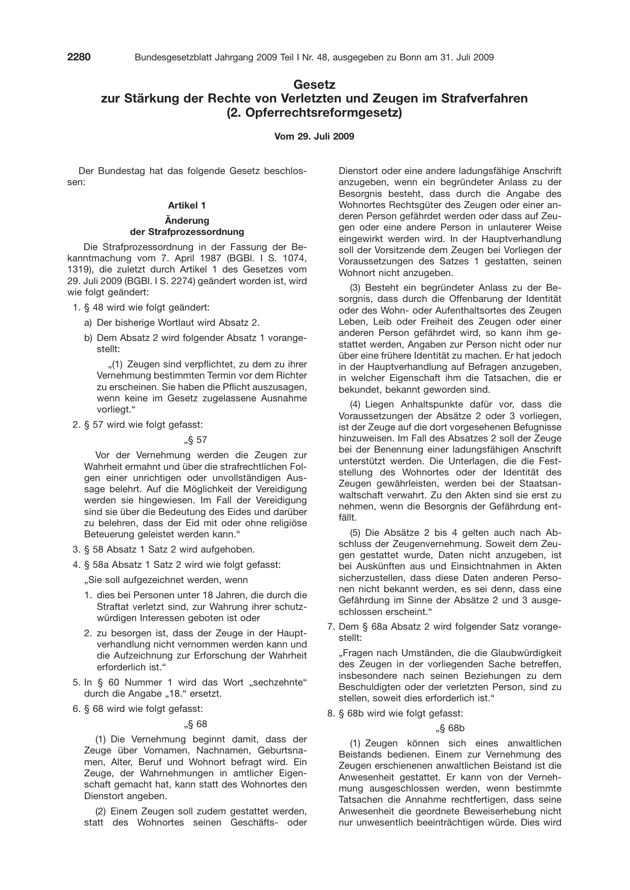 BGBl. 2009, Seite 2280 — Originalseite als Abbildung
