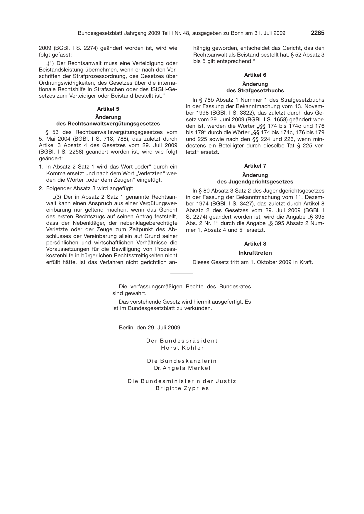 BGBl. 2009, Seite 2285 — Originalseite als Abbildung