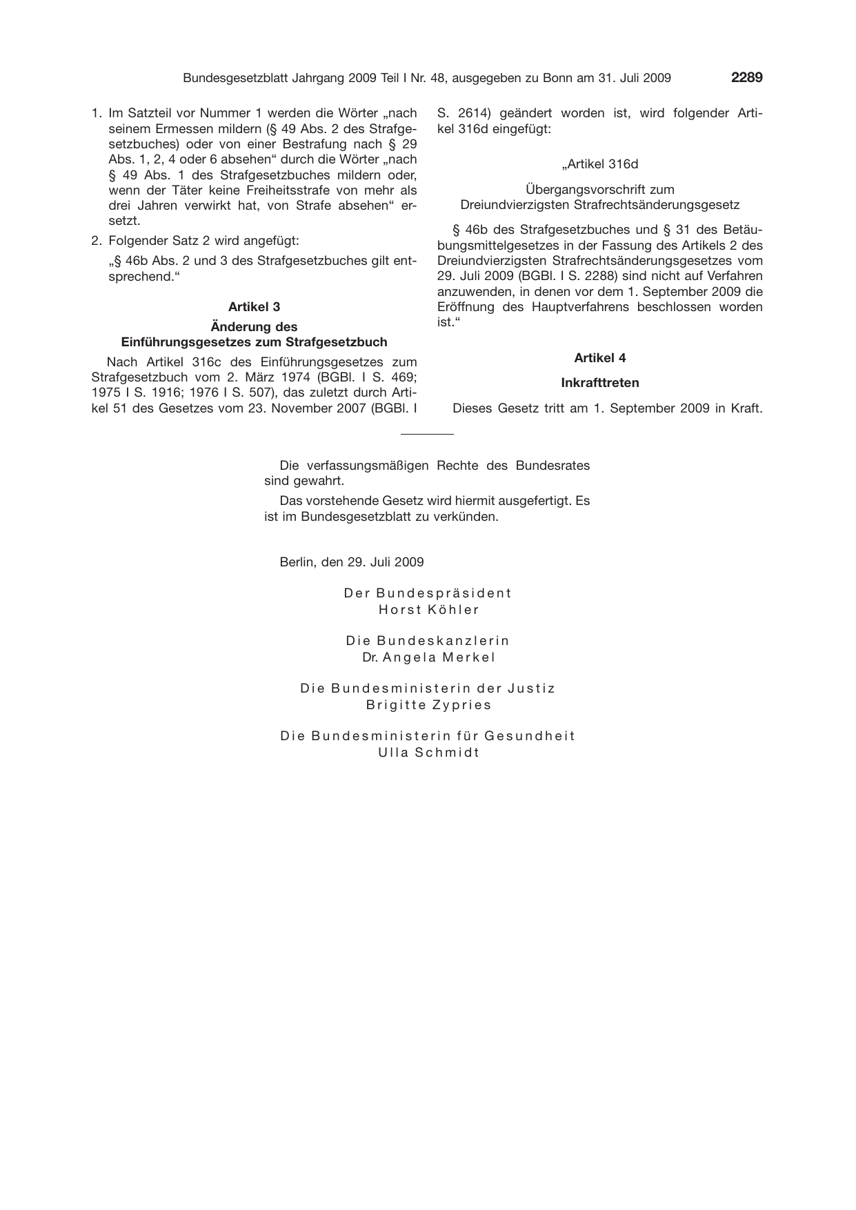 BGBl. 2009, Seite 2289 — Originalseite als Abbildung