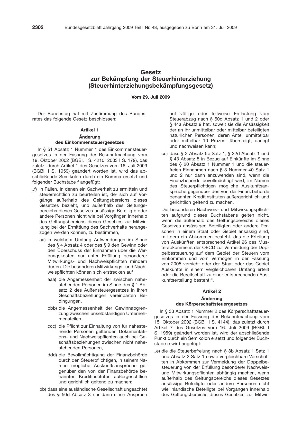 BGBl. 2009, Seite 2302 — Originalseite als Abbildung