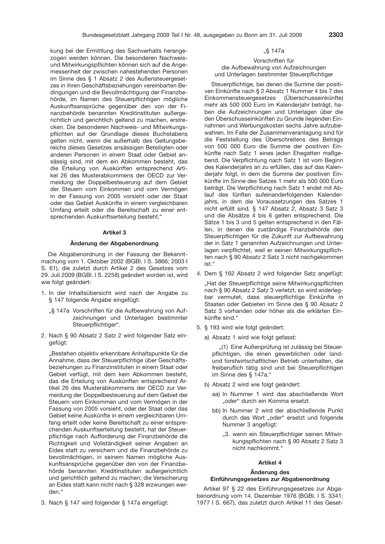 BGBl. 2009, Seite 2303 — Originalseite als Abbildung