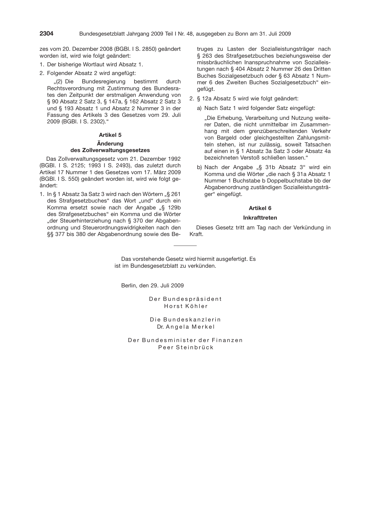 BGBl. 2009, Seite 2304 — Originalseite als Abbildung