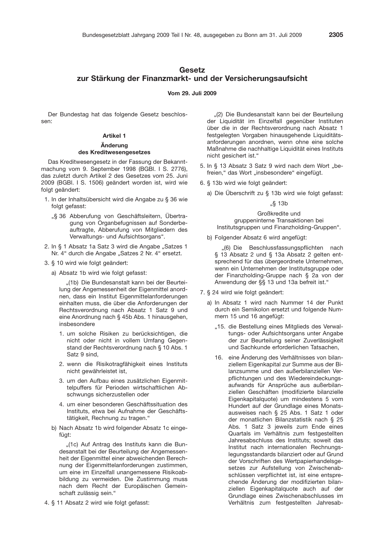 BGBl. 2009, Seite 2305 — Originalseite als Abbildung