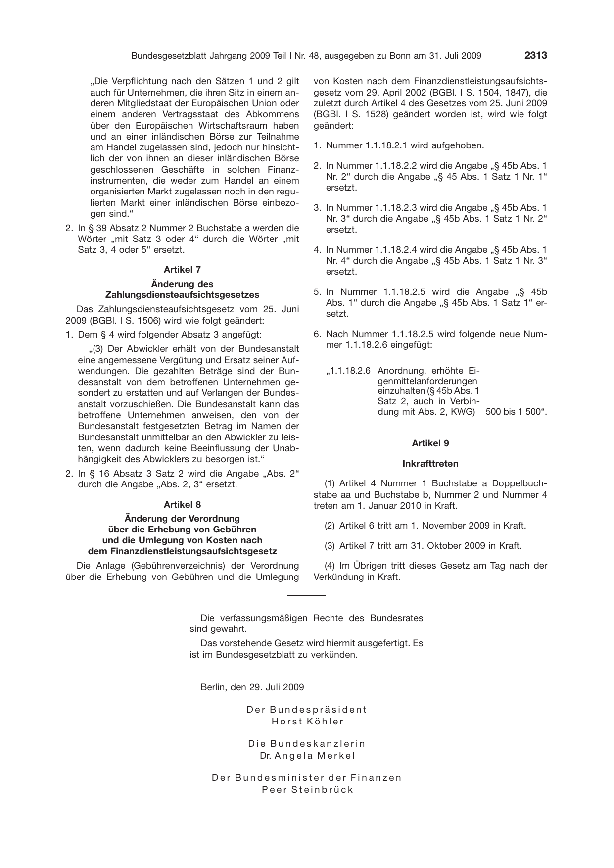 BGBl. 2009, Seite 2313 — Originalseite als Abbildung