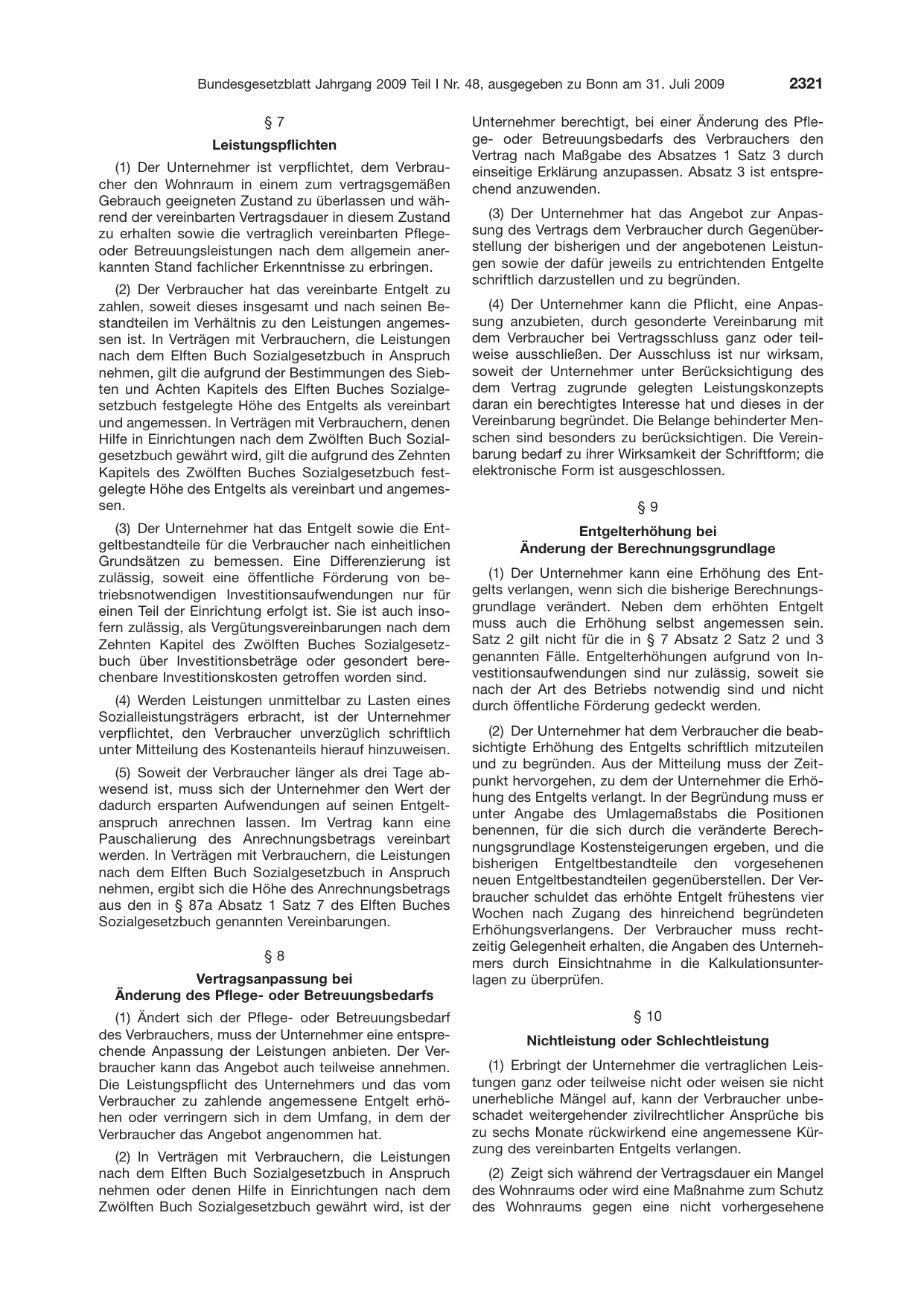 BGBl. 2009, Seite 2321 — Originalseite als Abbildung