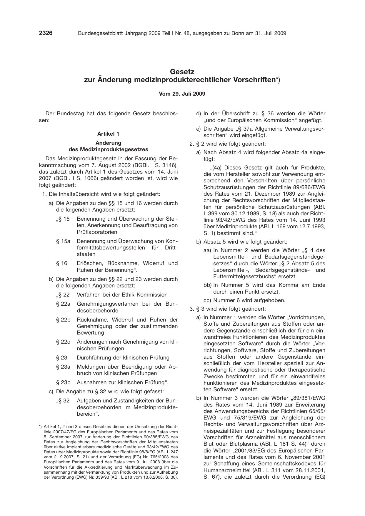 BGBl. 2009, Seite 2326 — Originalseite als Abbildung