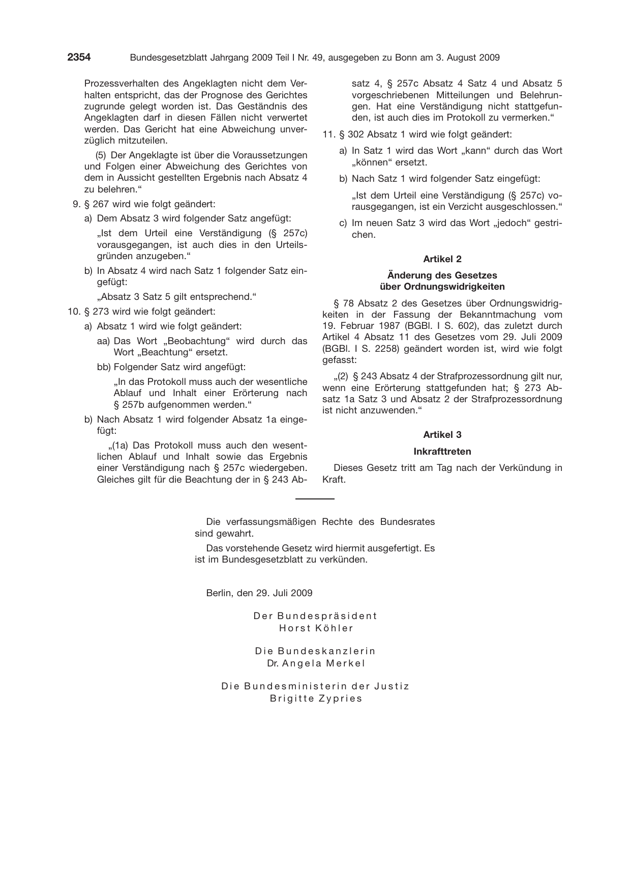 BGBl. 2009, Seite 2354 — Originalseite als Abbildung