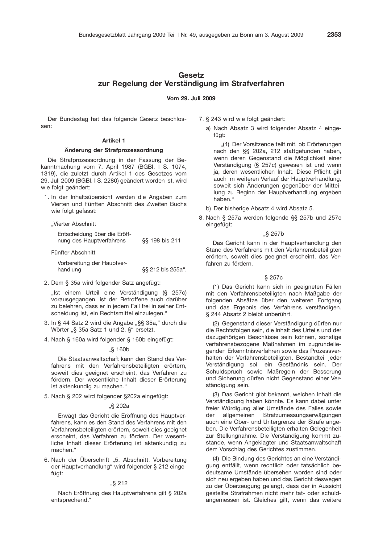 BGBl. 2009, Seite 2353 — Originalseite als Abbildung