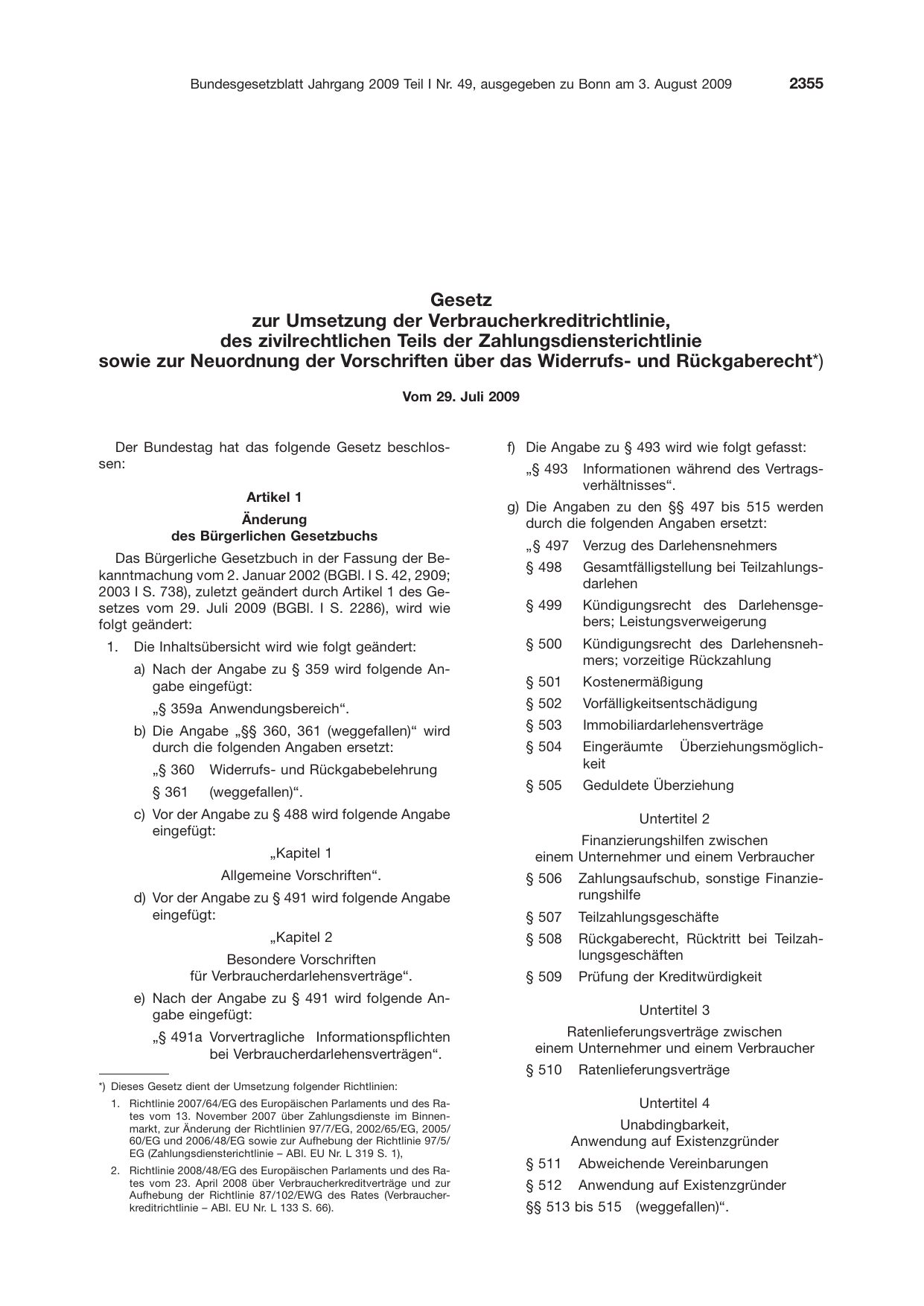 BGBl. 2009, Seite 2355 — Originalseite als Abbildung