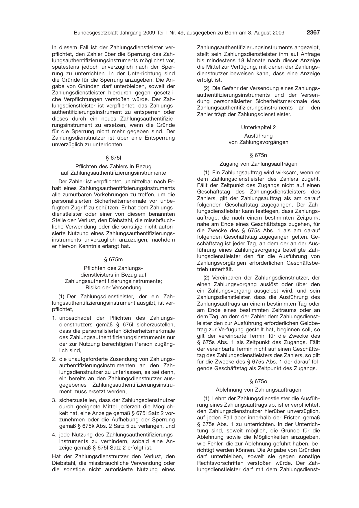 BGBl. 2009, Seite 2367 — Originalseite als Abbildung
