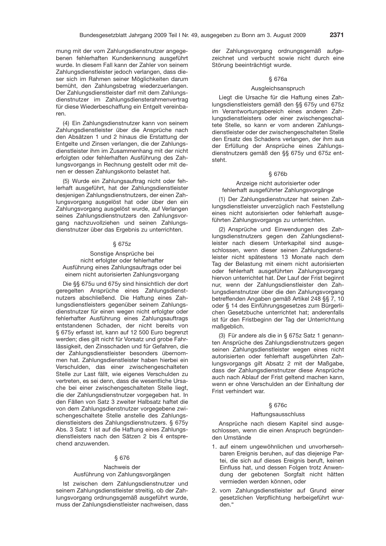 BGBl. 2009, Seite 2371 — Originalseite als Abbildung