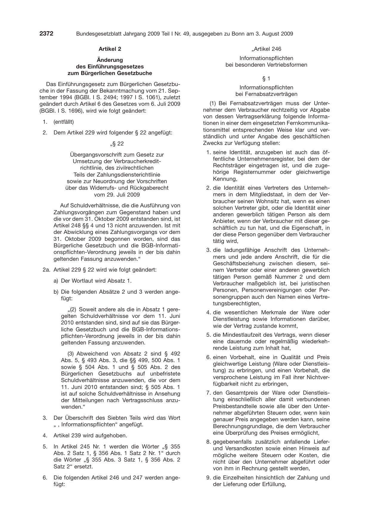 BGBl. 2009, Seite 2372 — Originalseite als Abbildung