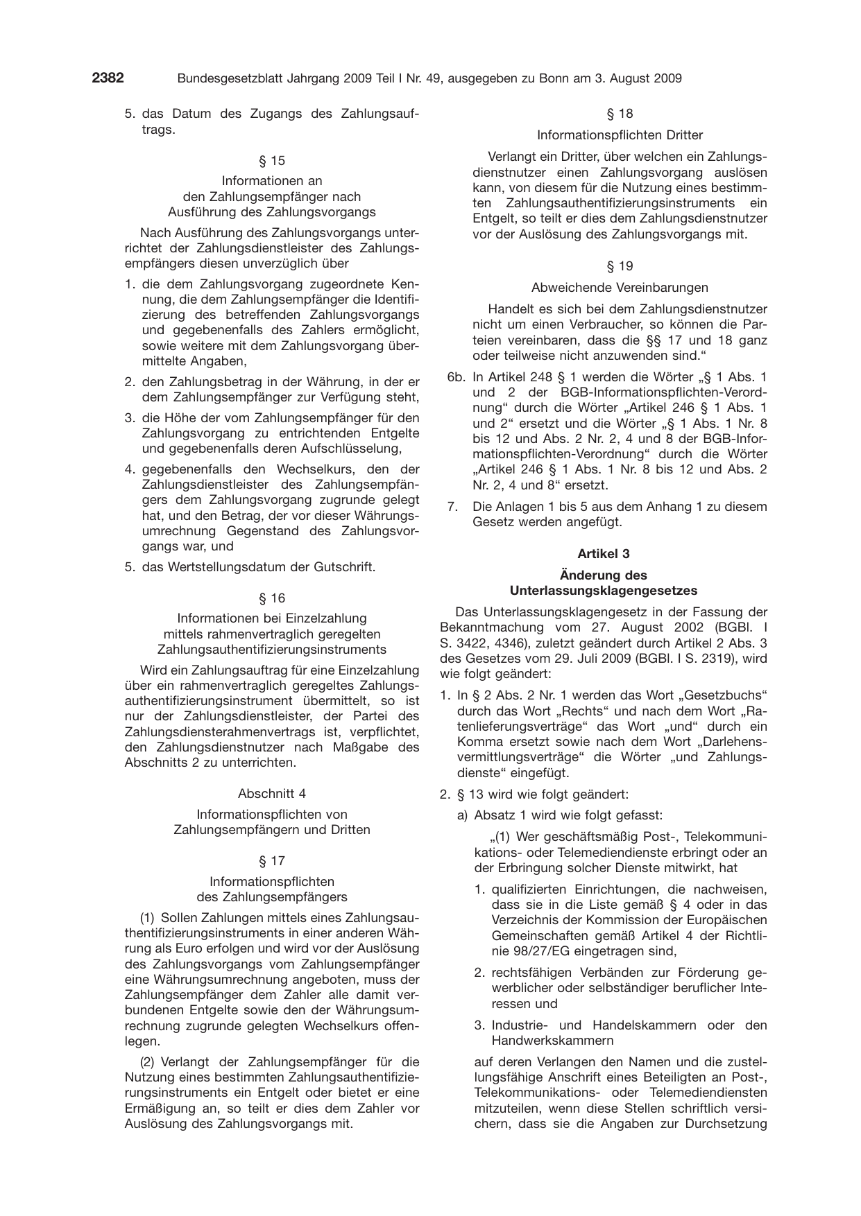 BGBl. 2009, Seite 2382 — Originalseite als Abbildung