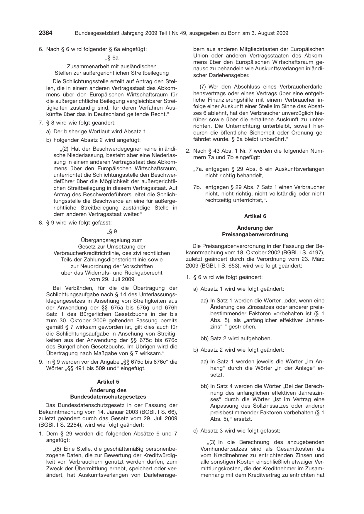 BGBl. 2009, Seite 2384 — Originalseite als Abbildung