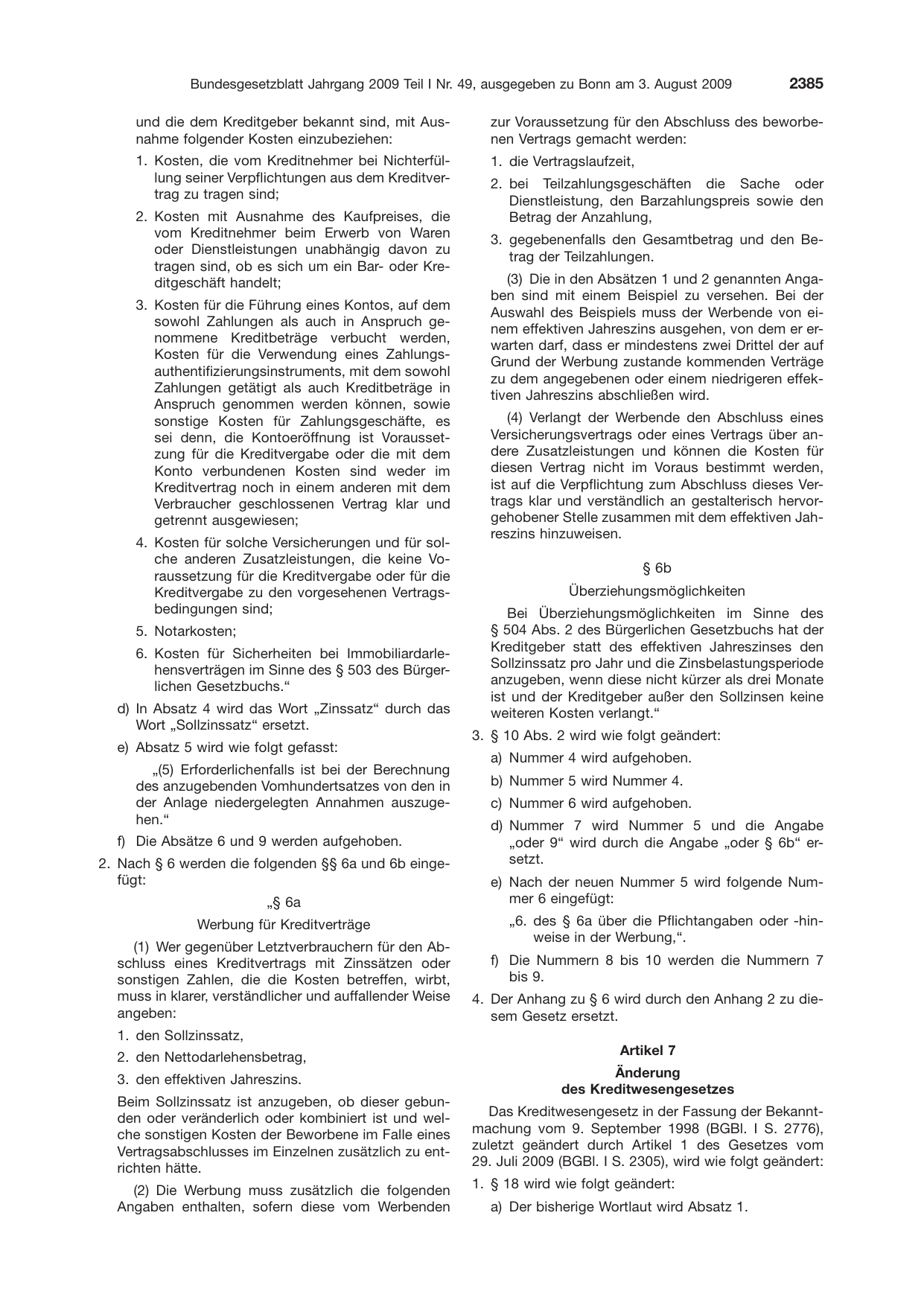 BGBl. 2009, Seite 2385 — Originalseite als Abbildung
