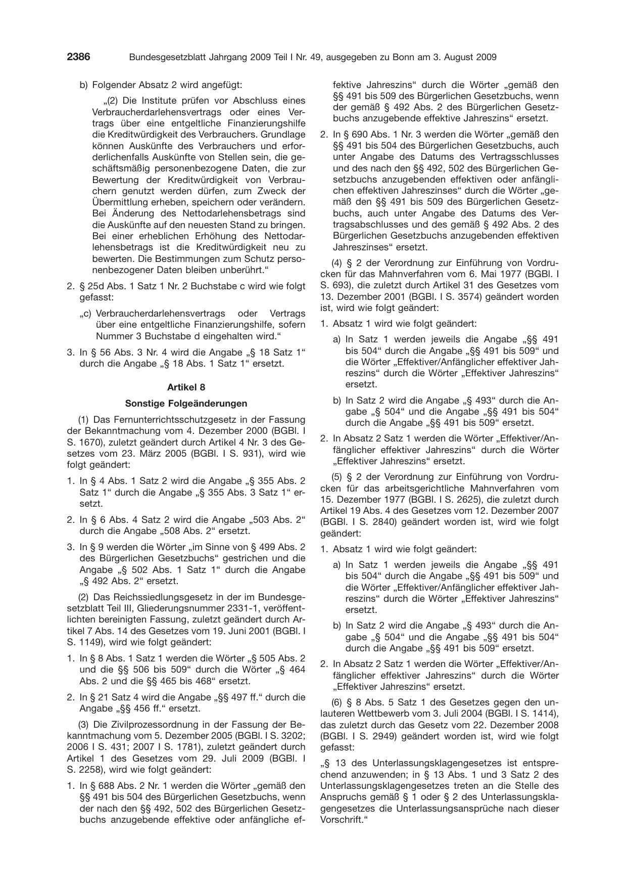 BGBl. 2009, Seite 2386 — Originalseite als Abbildung